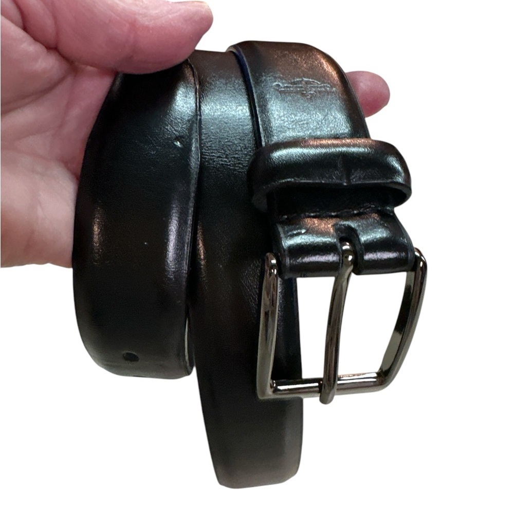 Dockers Men’s Dressy Black Coated Leather Square Shiny Black Buckle Belt EUC
